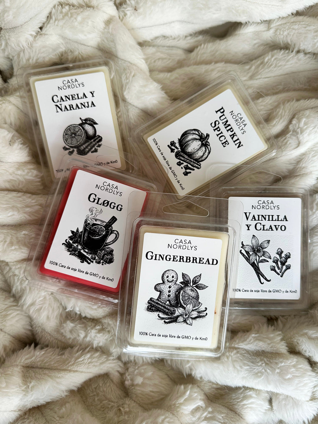 Pack wax melts aromas navideños - Ideal para regalar por Navidad y probar aromas: wax melt de Canela y Naranja, Pumpkin Spice, Vainilla y Clavo, Gløgg, Gingerbread