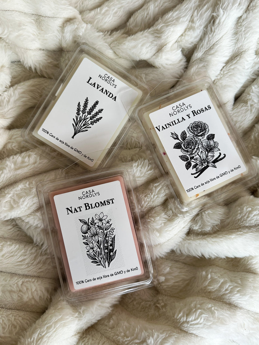 Pack wax melts florales - wax melt en tableta aromas Lavanda, Vainilla y Rosas y Nat Blomst. Wax melts artesanales aromáticos 