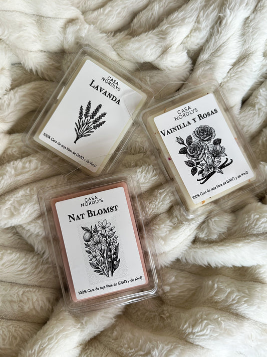 Pack wax melts florales - wax melt en tableta aromas Lavanda, Vainilla y Rosas y Nat Blomst. Wax melts artesanales aromáticos 