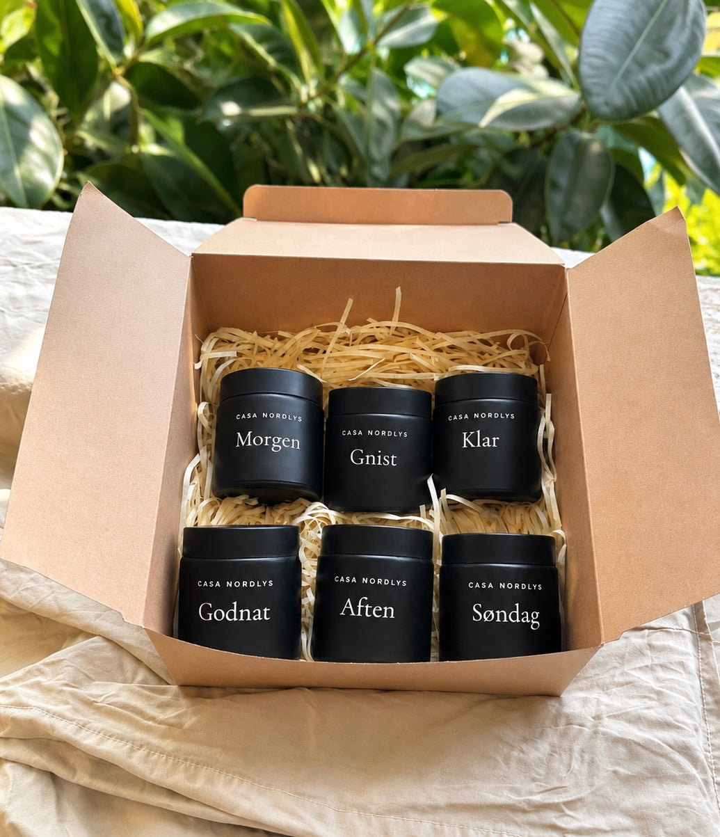     HYGGE Bundle con seis velas aromáticas presentadas en su caja