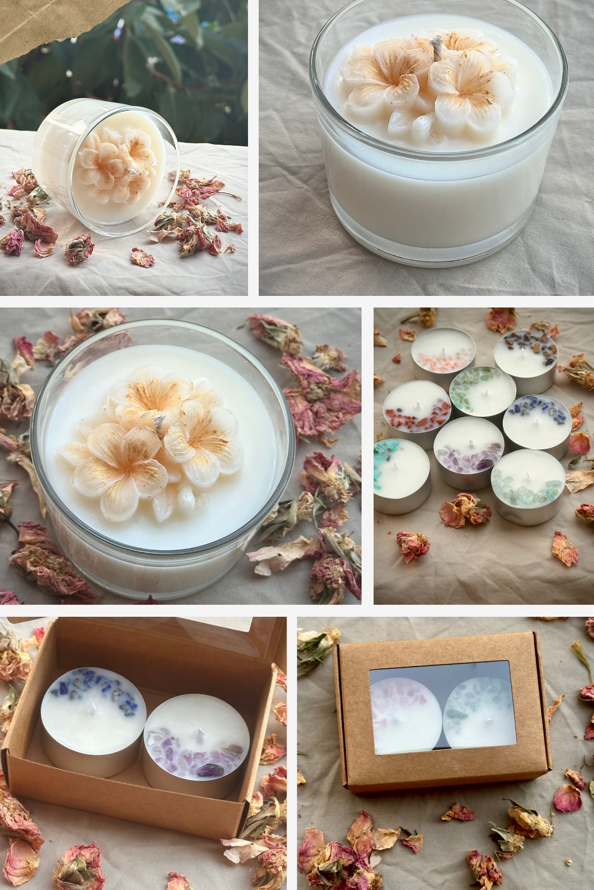 Velas té personalizadas para eventos decoradas con minerales de Casa Nordlys.